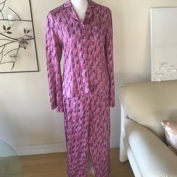 Vintage Diane Von Furstenberg Pink Silk DVF Logo Print Luxe Pajamas Size Medium - Picture 3 of 8
